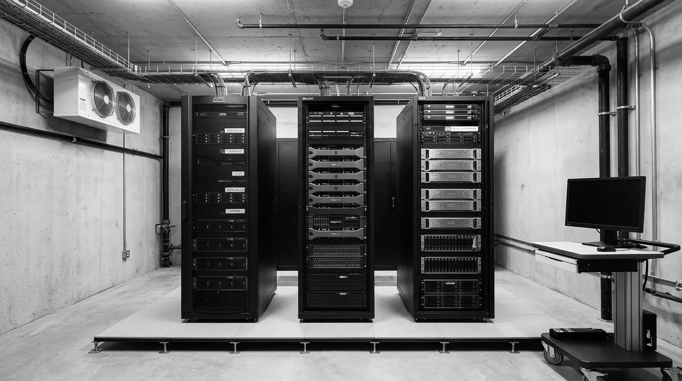 Server room with three racks, air conditioning and a workstation